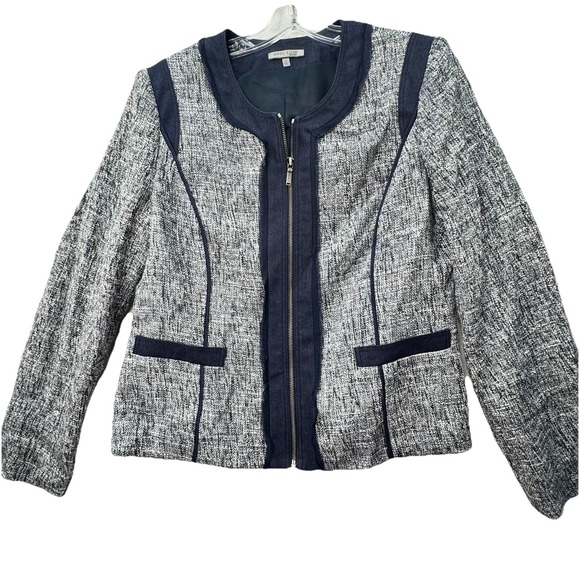 $450 NWT Anne Klein Blazer Jacket Women's 12 Tweed W/ Silk Trim Blue Full Zip - Picture 1 of 11